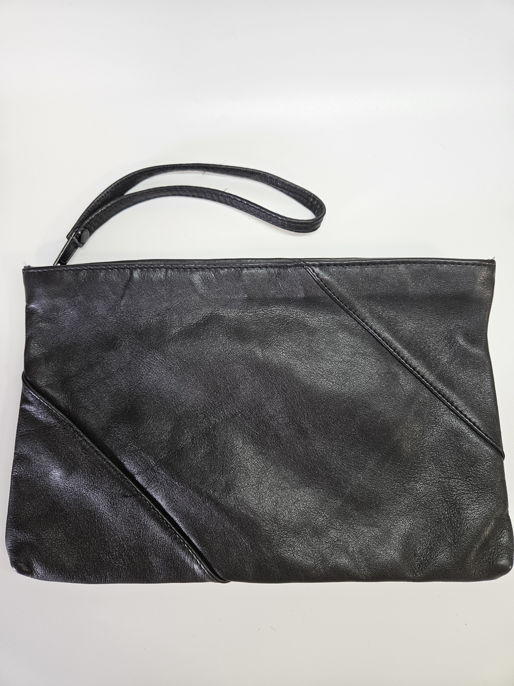 VINTAGE Black Genuine Leather Large Wristlet Clutch Bag VTG